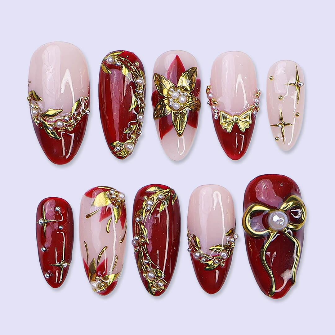 Christmas Press On Nails with Gold & Red Poinsettia | Medium Almond | Holiday Nail Art