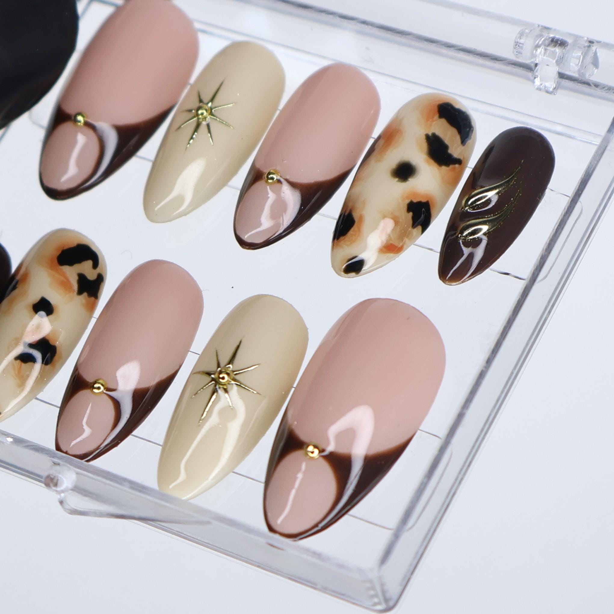 Fall Neutral Press On Nails With Cow Print | Medium Almond French Tip Fake Nails | Handmade Nail Art for Everyday Wear or Gift for Her