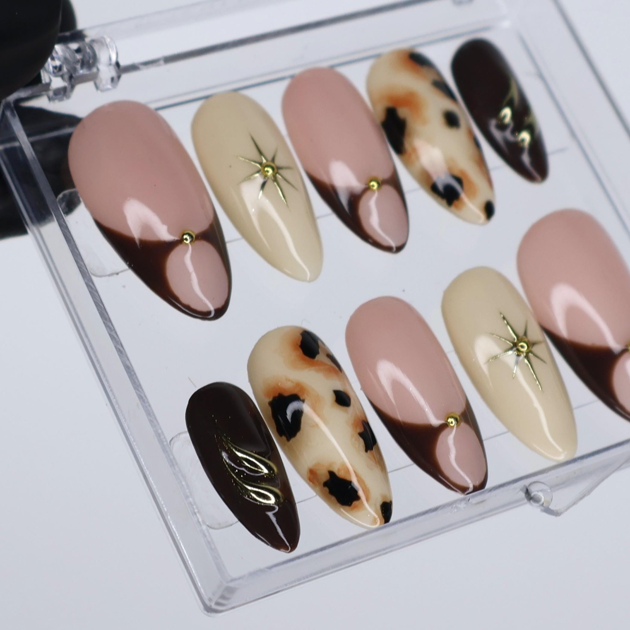 Fall Neutral Press On Nails With Cow Print | Medium Almond French Tip Fake Nails | Handmade Nail Art for Everyday Wear or Gift for Her