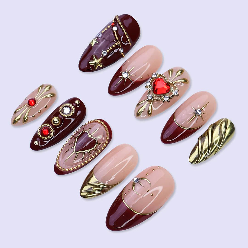 Red Heart & Gold Christmas Press On Nails | Medium Almond | Holiday Nail Art