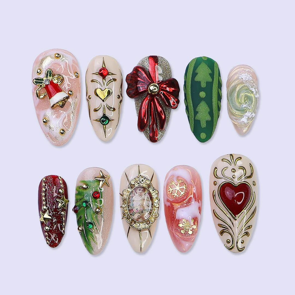 Christmas Tree, Bow & Heart Press On Nails | Medium Almond | Holiday Nail Art