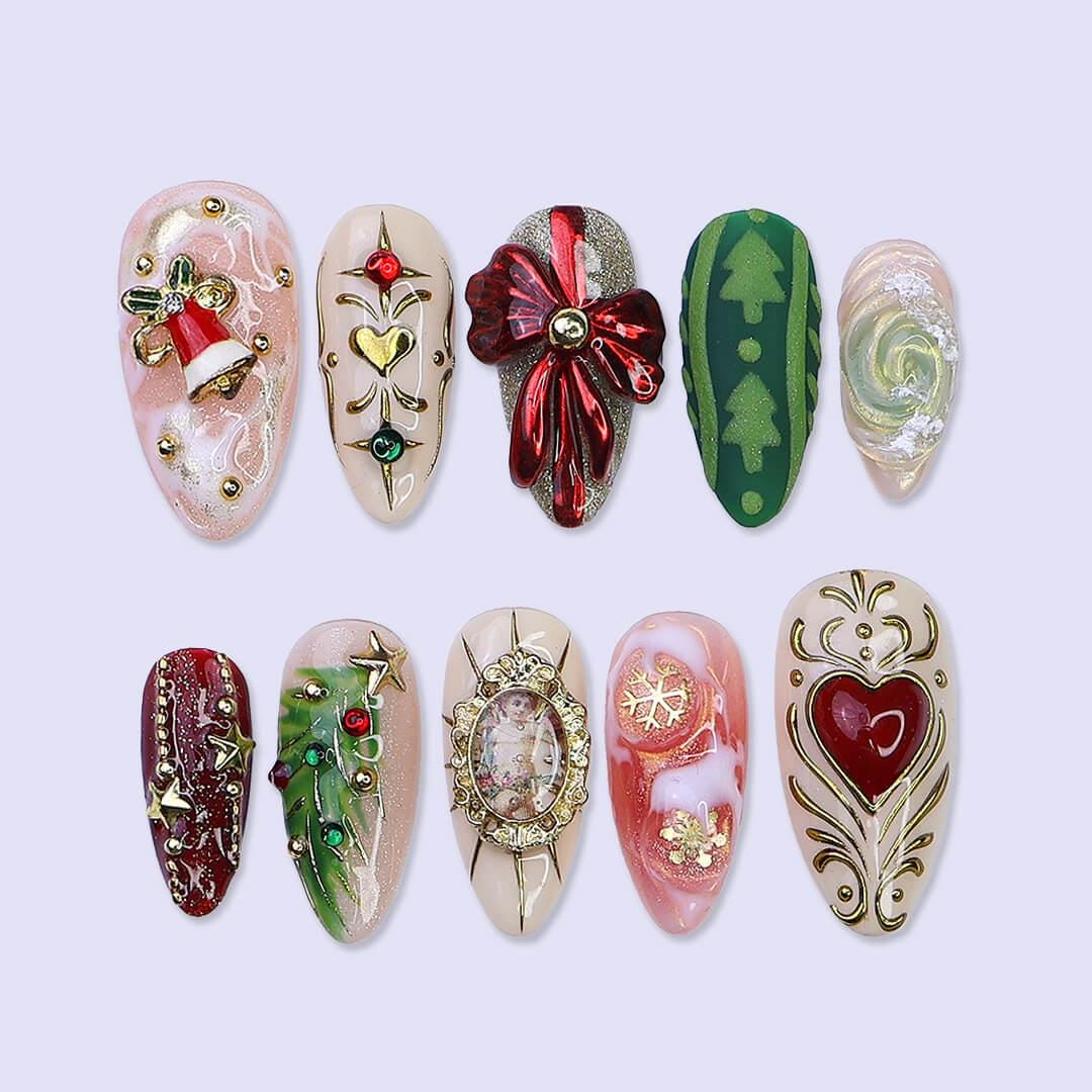 Christmas Tree, Bow & Heart Press On Nails | Medium Almond | Holiday Nail Art