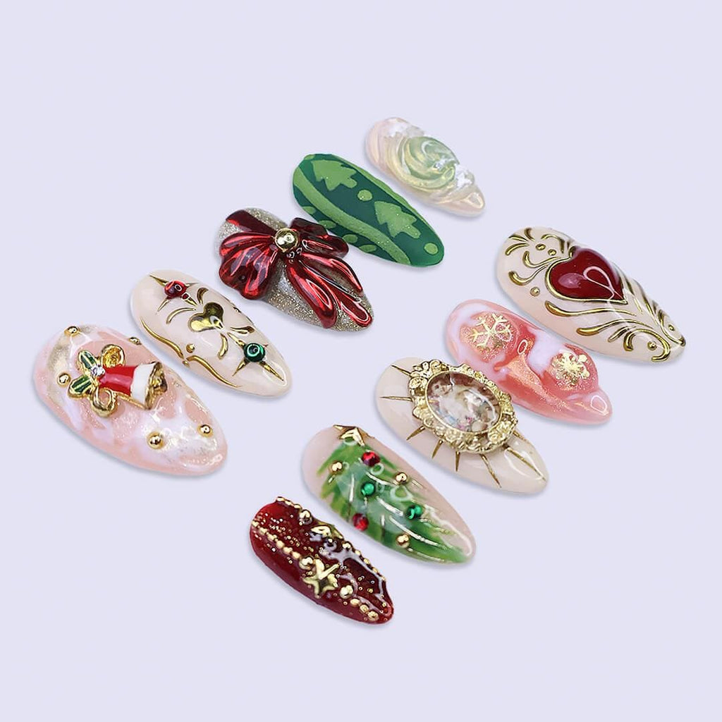 Christmas Tree, Bow & Heart Press On Nails | Medium Almond | Holiday Nail Art