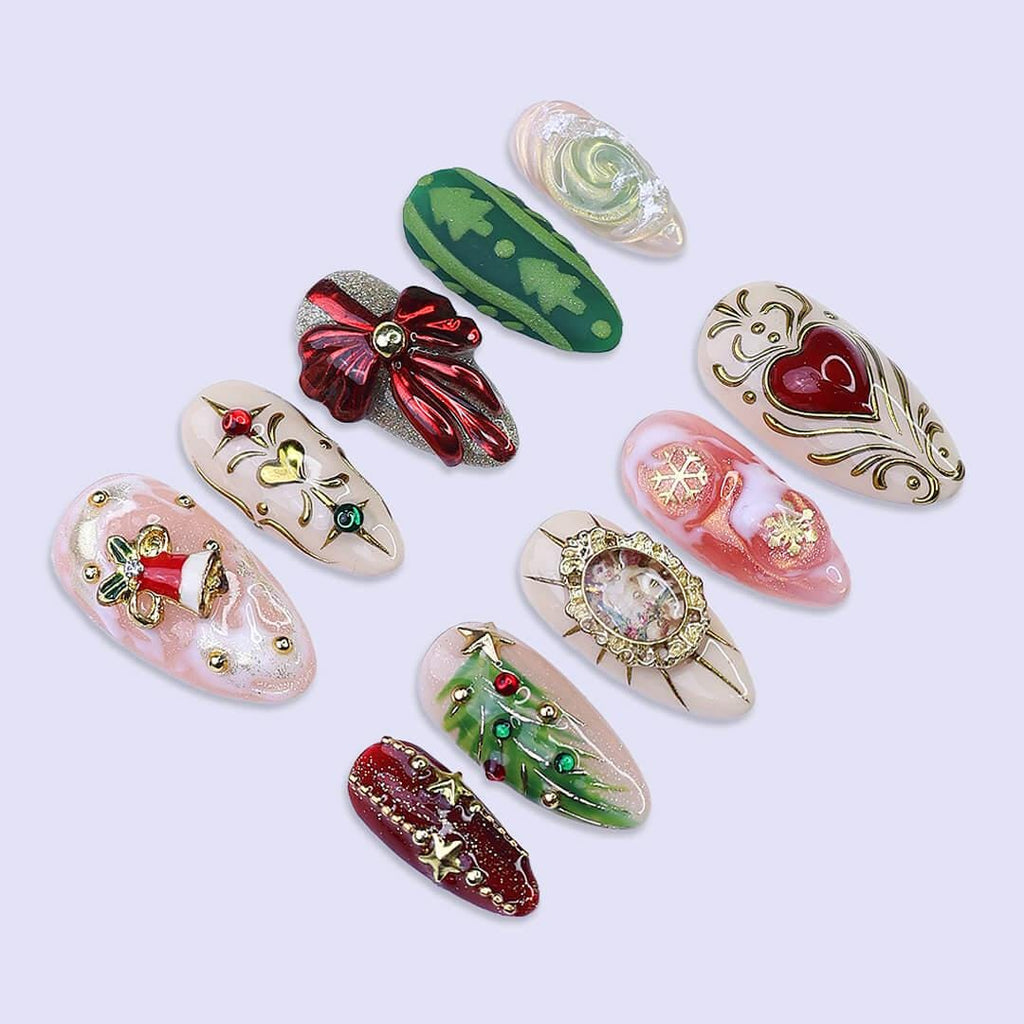 Christmas Tree, Bow & Heart Press On Nails | Medium Almond | Holiday Nail Art