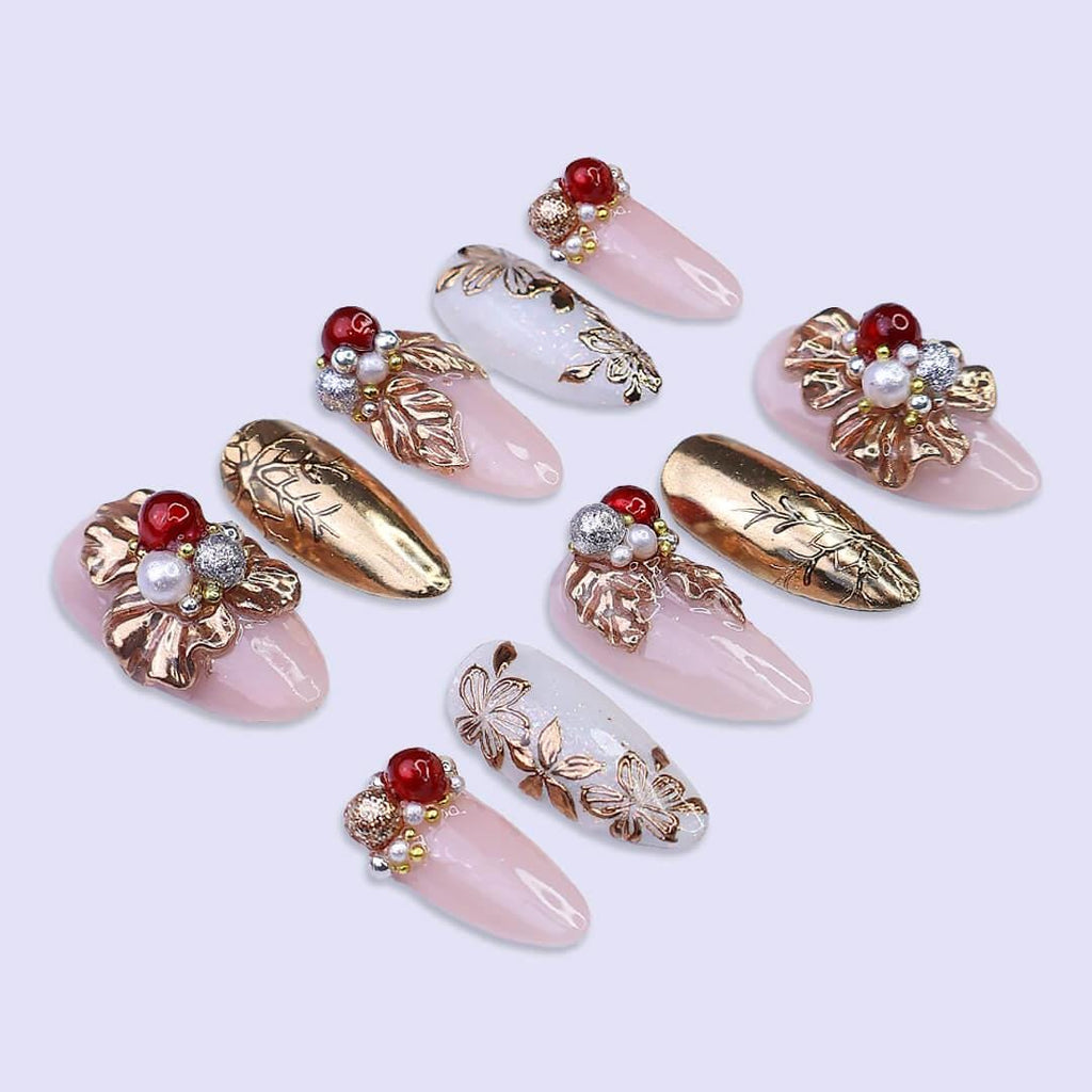 Luxury Gold Floral Christmas Press On Nails | Medium Almond | Handmade Holiday Nail Art