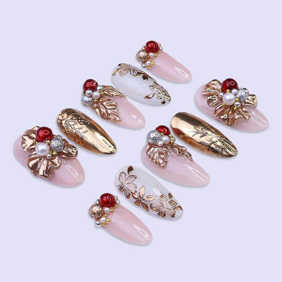 Luxury Gold Floral Christmas Press On Nails | Medium Almond | Handmade Holiday Nail Art