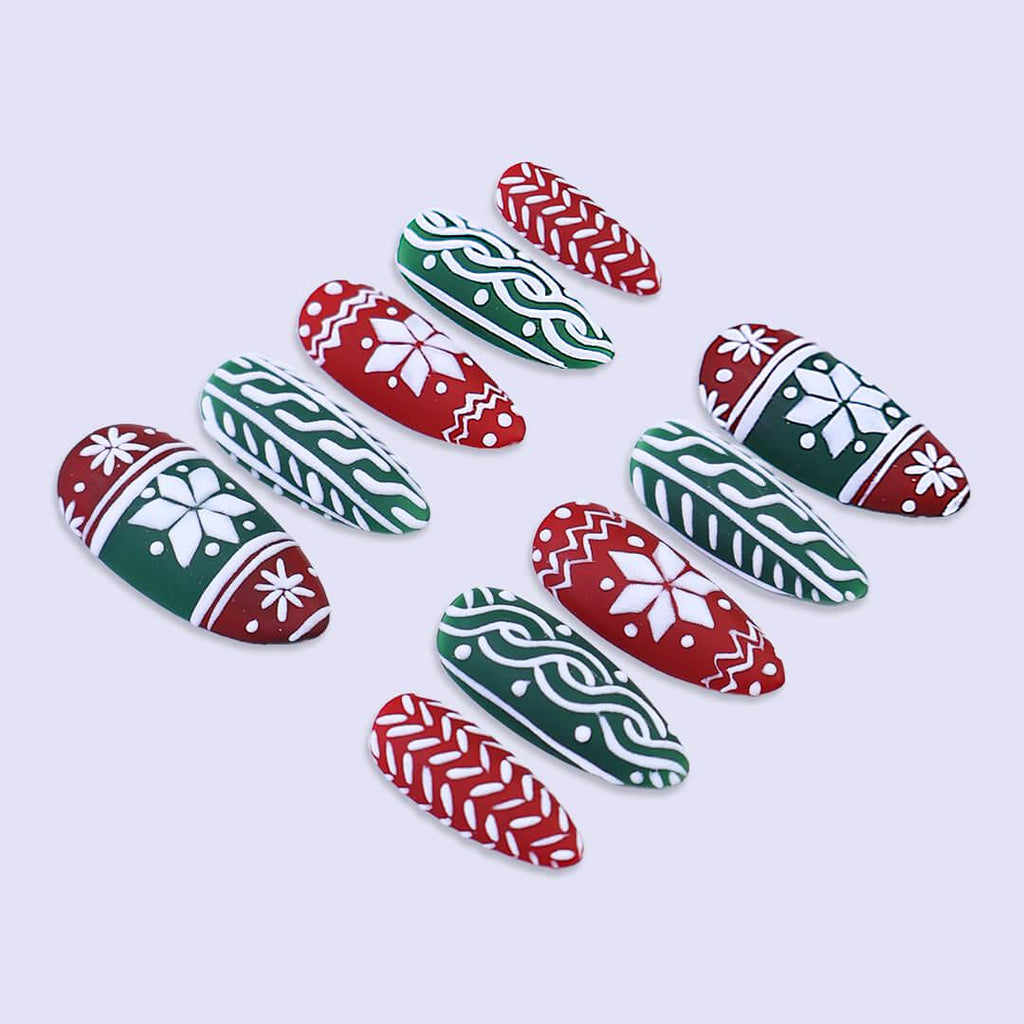 Christmas Sweater Press On Nails with Red & Green | Medium Almond | Handmade Holiday Nail Art