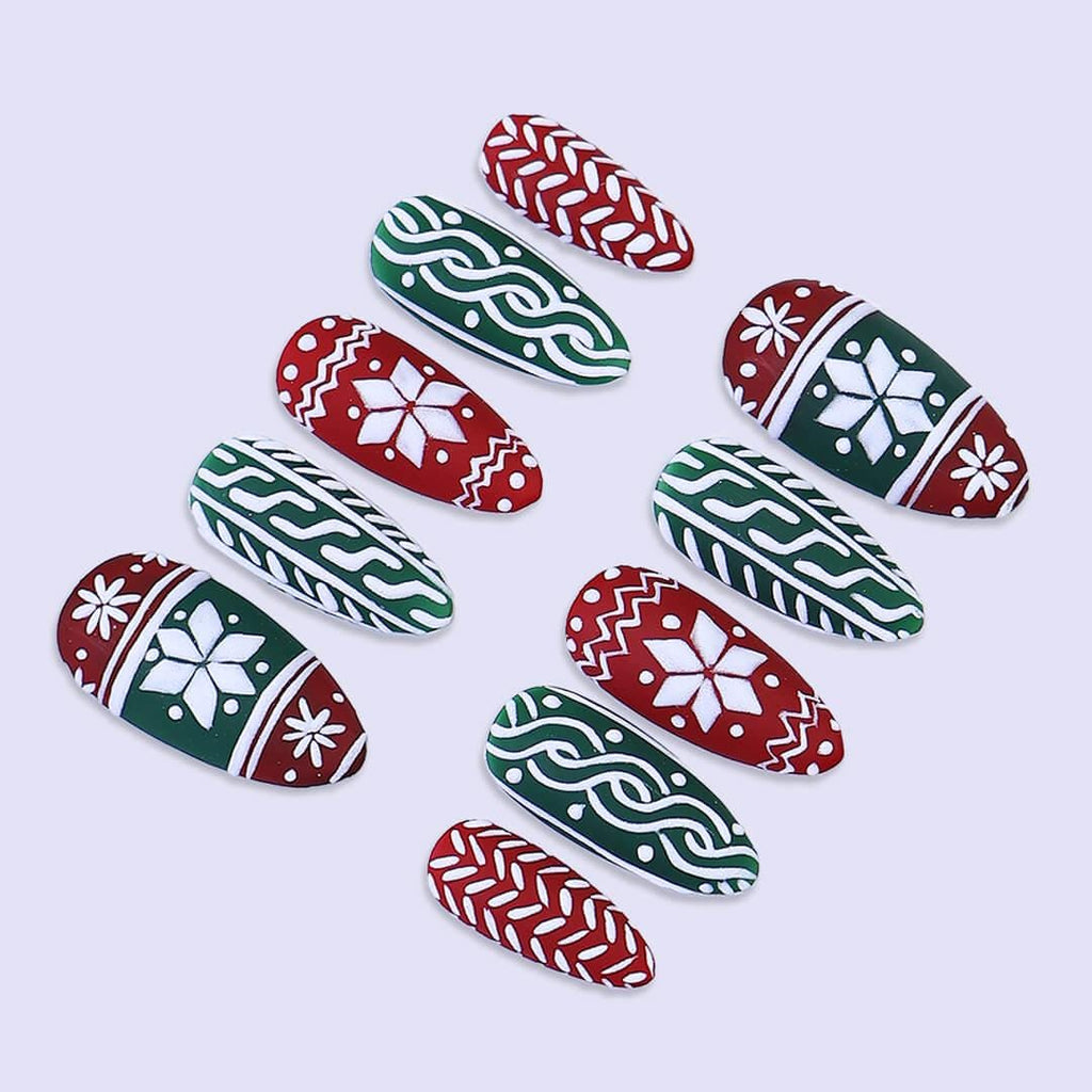 Christmas Sweater Press On Nails with Red & Green | Medium Almond | Handmade Holiday Nail Art