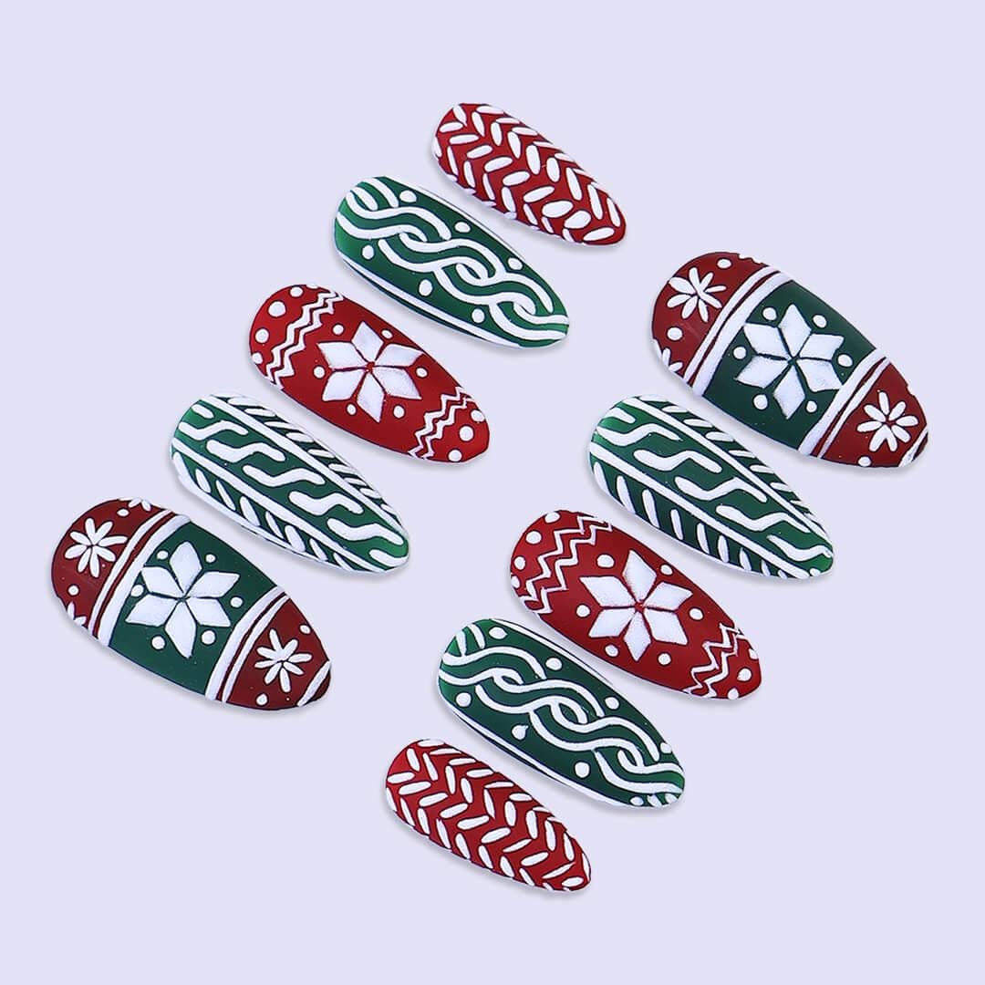Christmas Sweater Press On Nails with Red & Green | Medium Almond | Handmade Holiday Nail Art