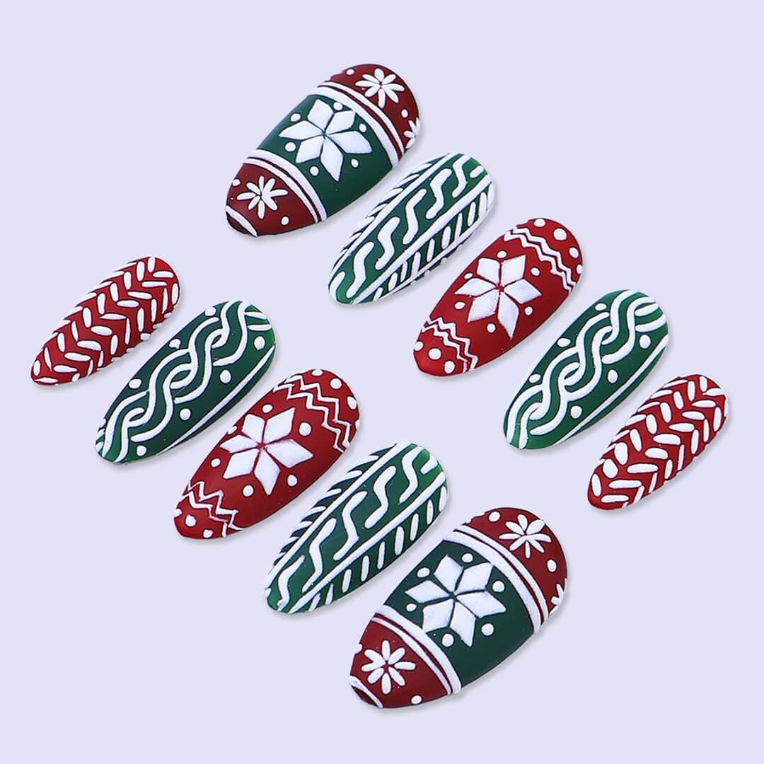 Christmas Sweater Press On Nails with Red & Green | Medium Almond | Handmade Holiday Nail Art