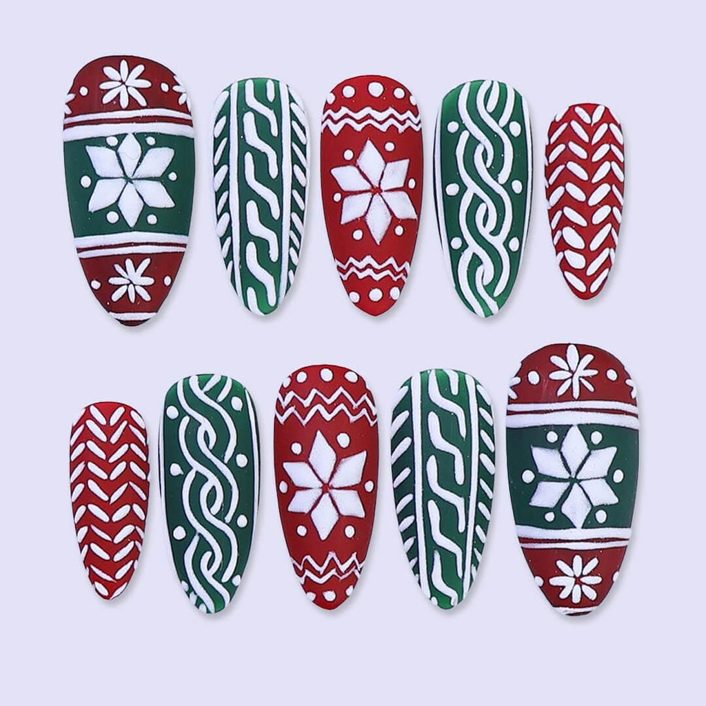 Christmas Sweater Press On Nails with Red & Green | Medium Almond | Handmade Holiday Nail Art