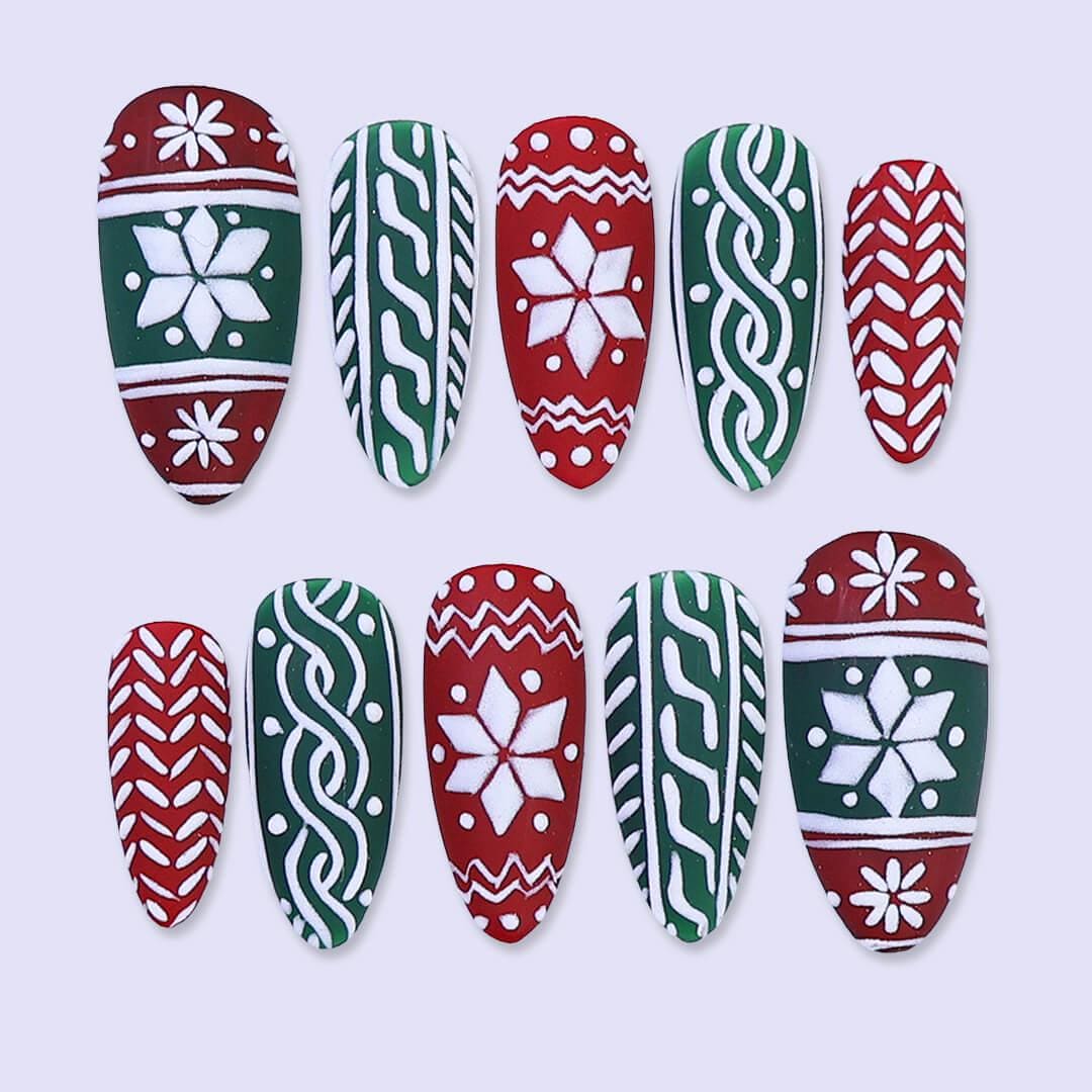 Christmas Sweater Press On Nails with Red & Green | Medium Almond | Handmade Holiday Nail Art