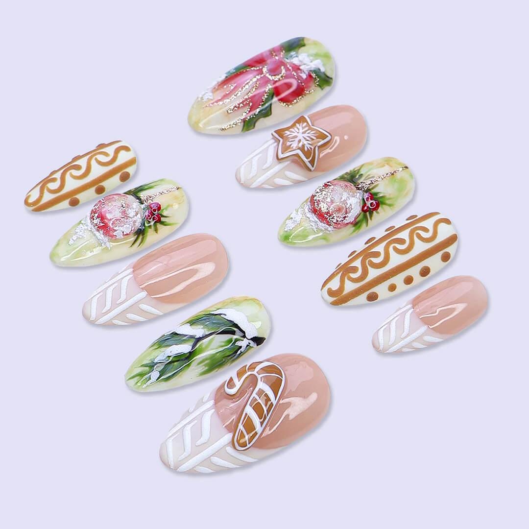 Christmas Gingerbread & Ornament Press On Nails | Medium Almond | Handmade Holiday Nail Art