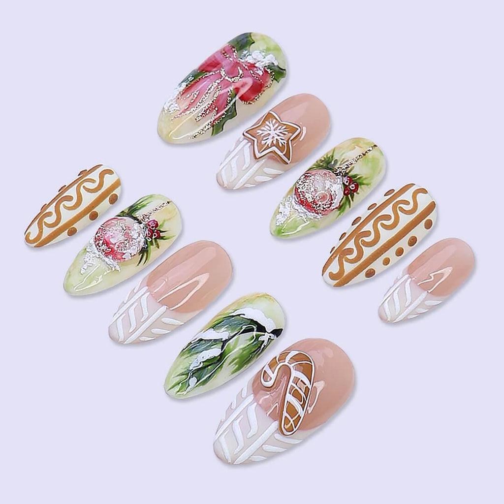 Christmas Gingerbread & Ornament Press On Nails | Medium Almond | Handmade Holiday Nail Art