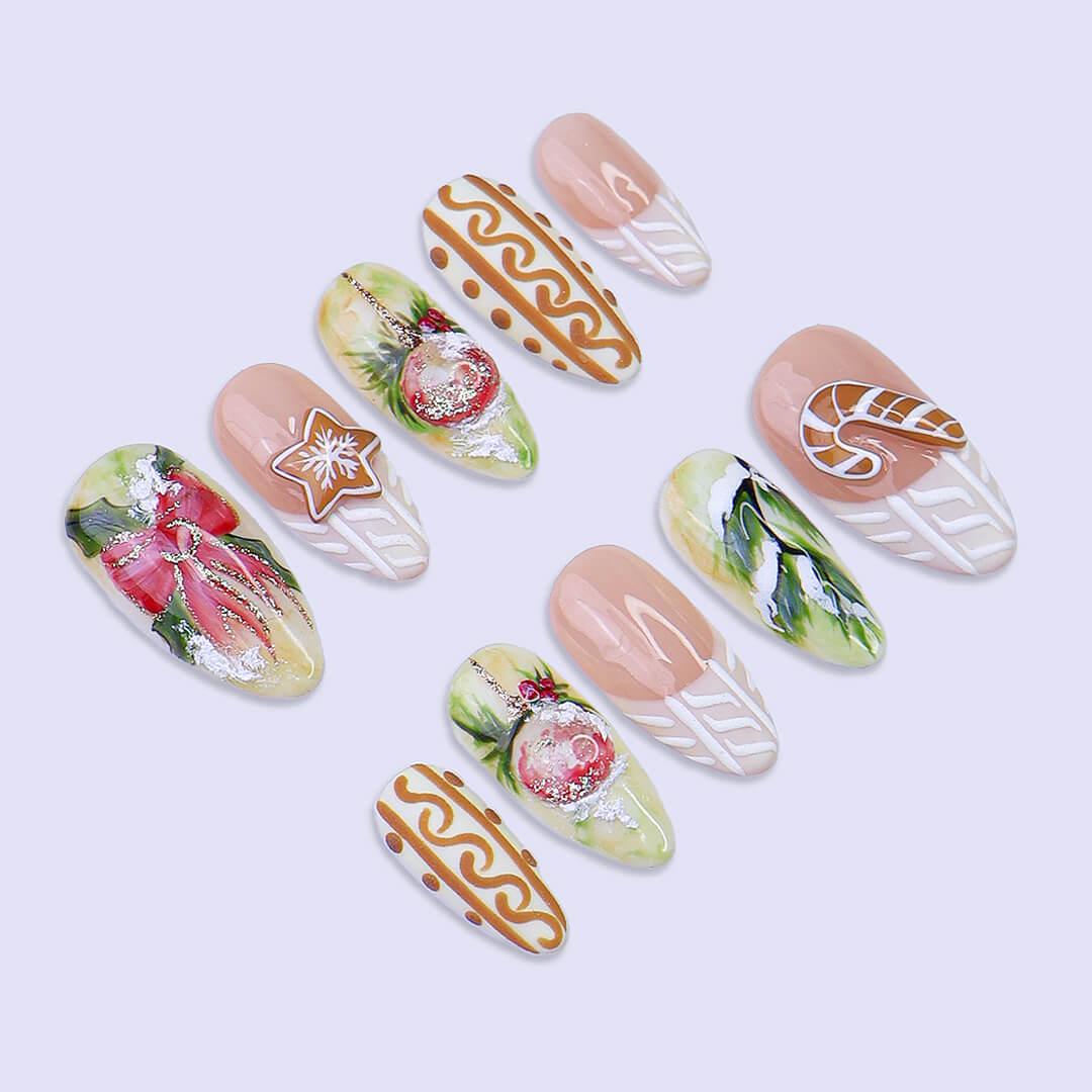 Christmas Gingerbread & Ornament Press On Nails | Medium Almond | Handmade Holiday Nail Art