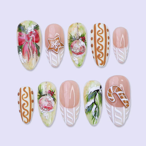 Christmas Gingerbread & Ornament Press On Nails | Medium Almond | Handmade Holiday Nail Art