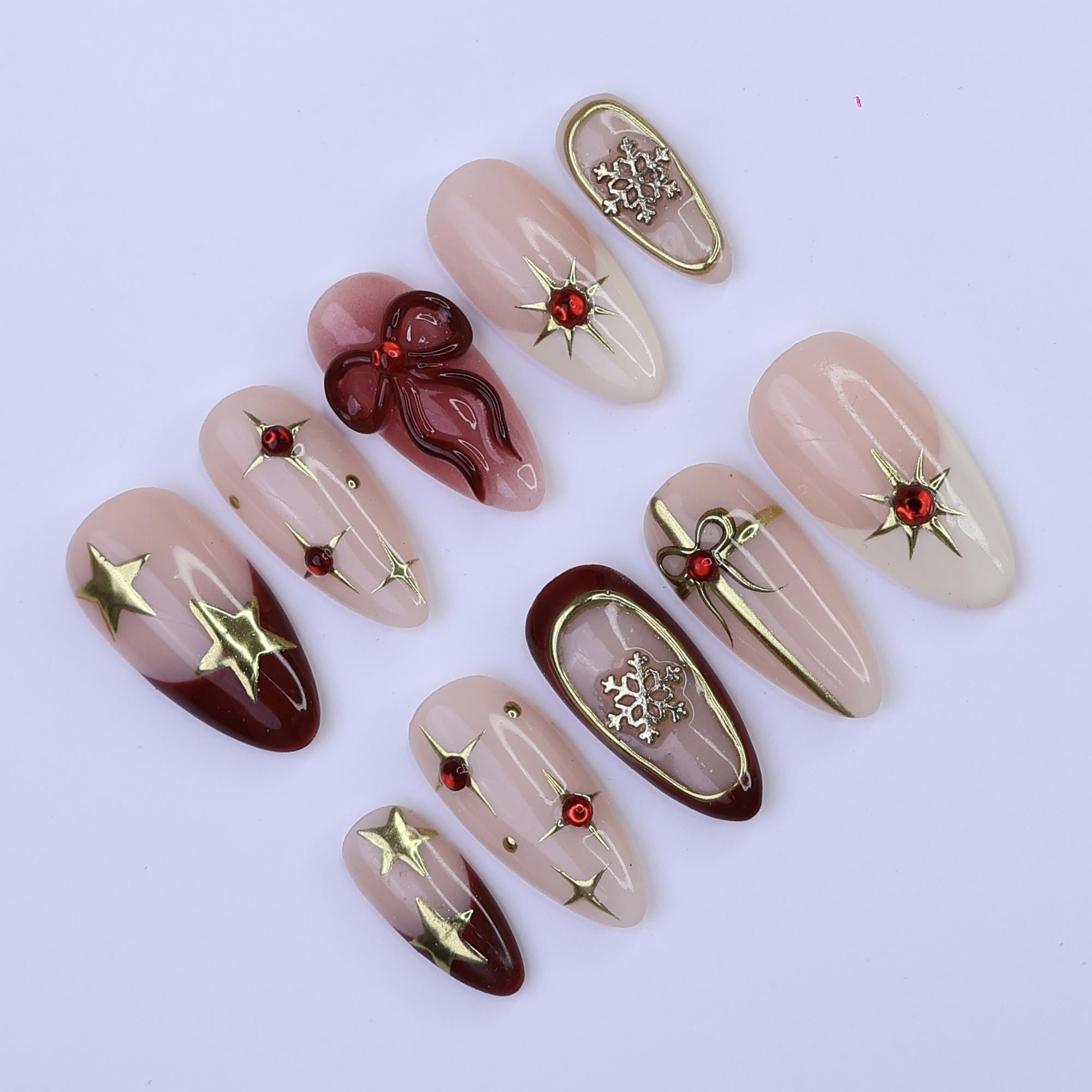 Christmas Bow & Star Press On Nails | Medium Almond | Handmade Holiday Nail Art