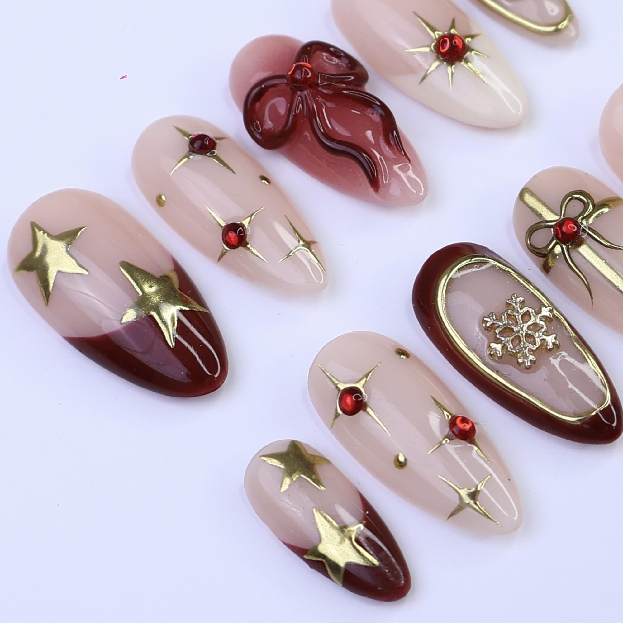 Christmas Bow & Star Press On Nails | Medium Almond | Handmade Holiday Nail Art