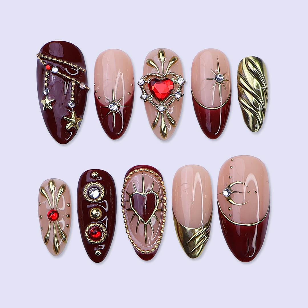 Red Heart & Gold Christmas Press On Nails | Medium Almond | Holiday Nail Art