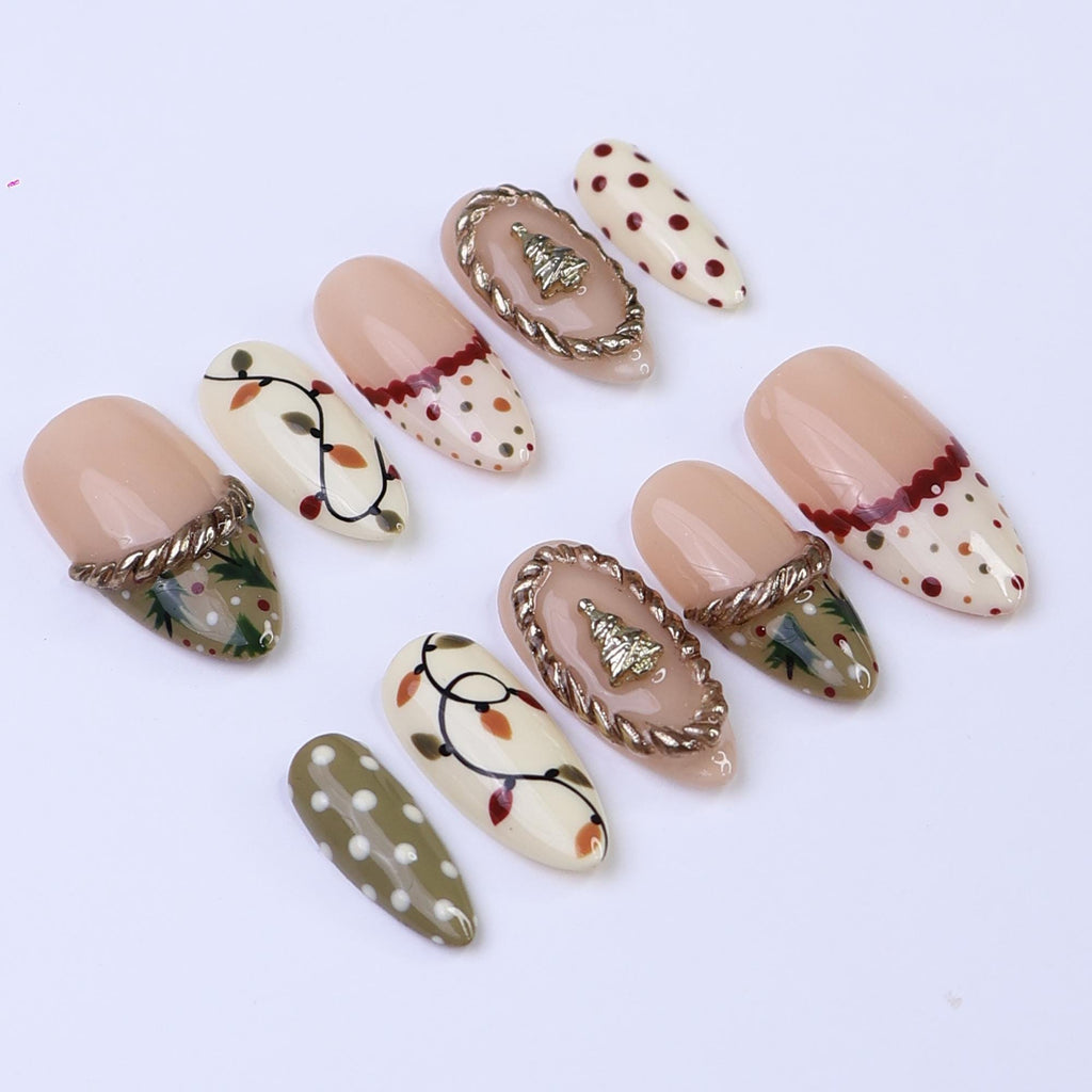 Christmas Press On Nails with Tree Charm & Polka Dots | Trending Holiday Nail Art | Medium Almond