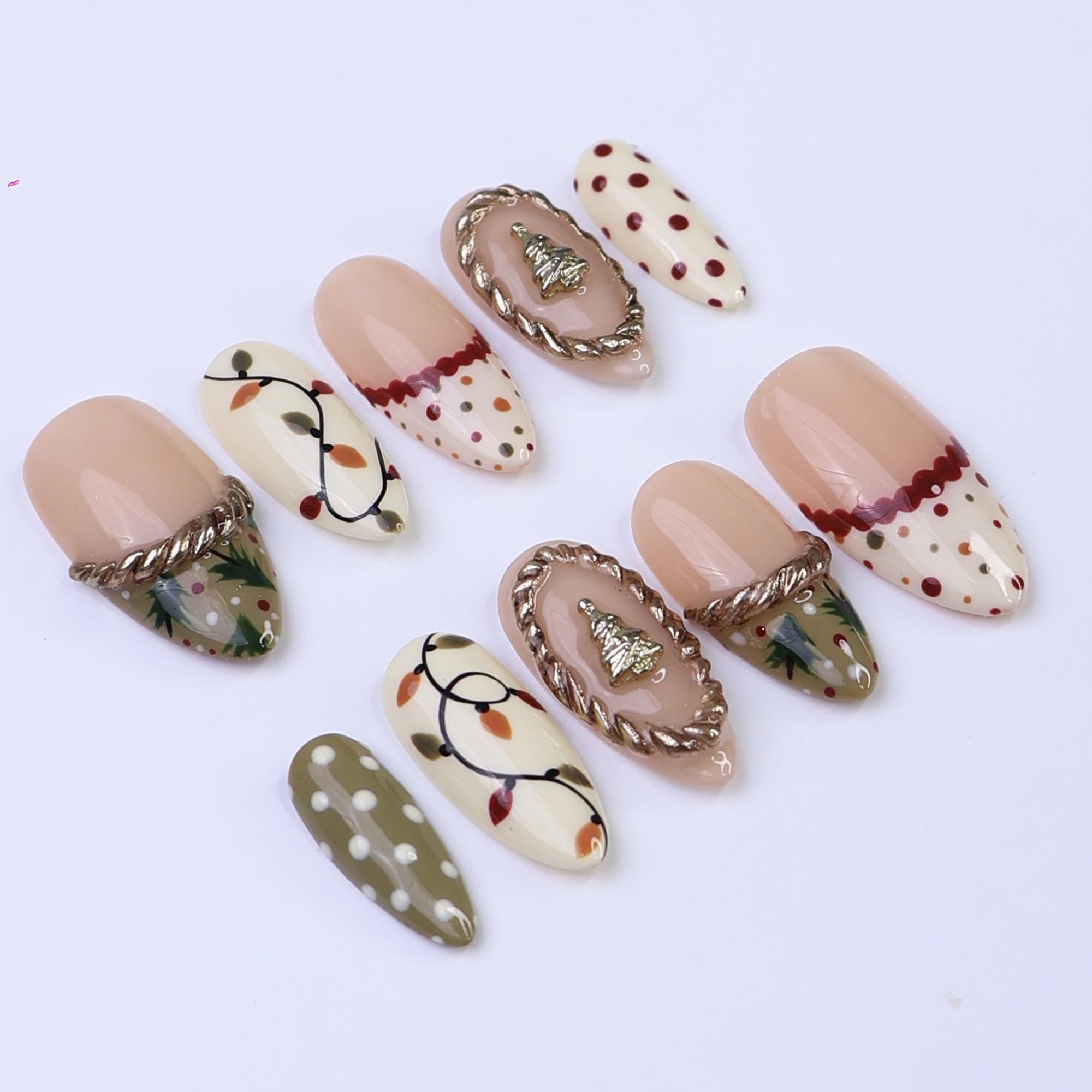 Christmas Press On Nails with Tree Charm & Polka Dots | Trending Holiday Nail Art | Medium Almond