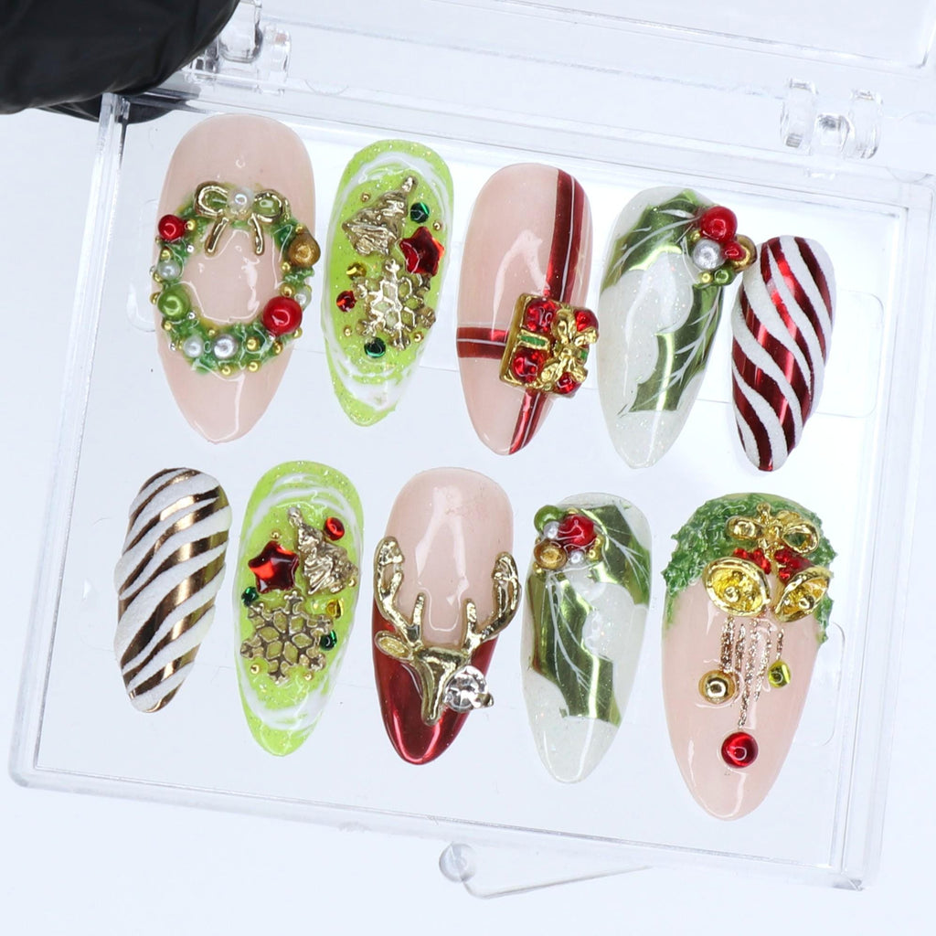 Christmas Press On Nails with 3D Wreath, Reindeer, Gift & Candy Cane | Medium Almond Fake Nails | Handmade Holiday Nail Art Set or Gifts