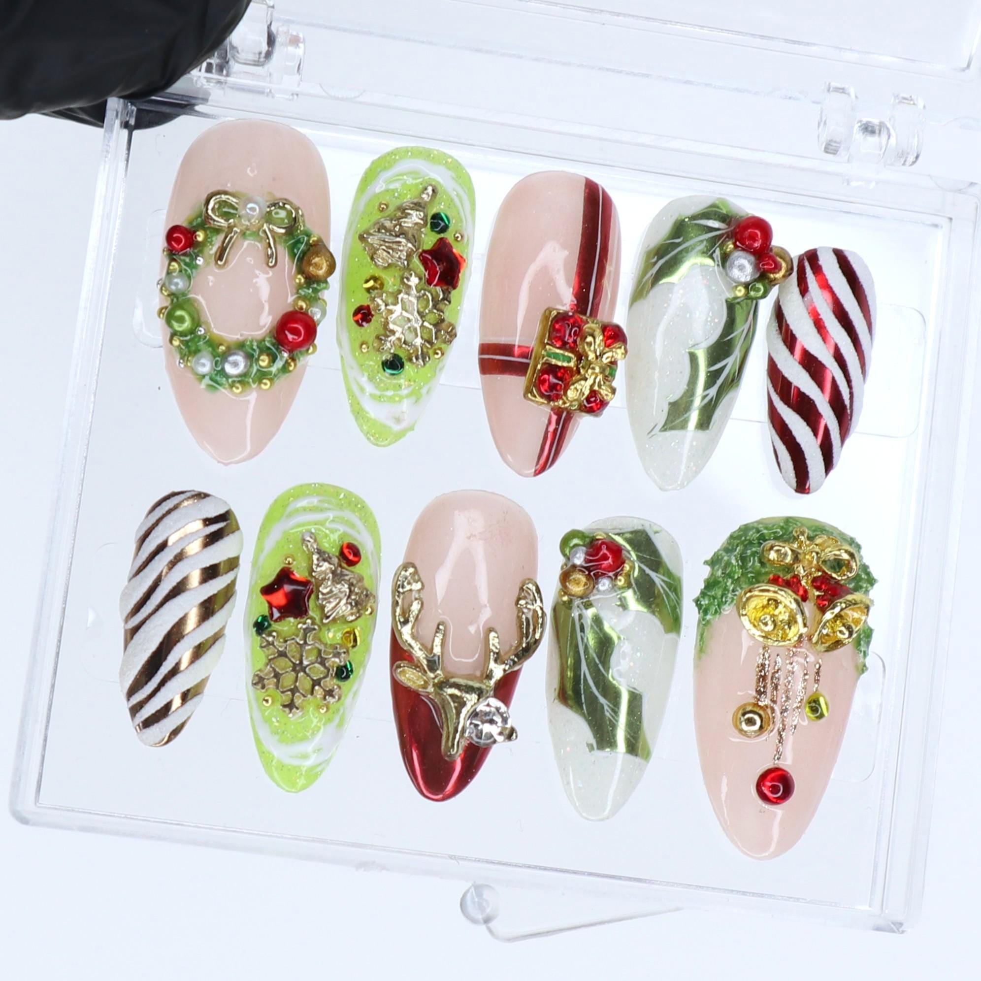 Christmas Press On Nails with 3D Wreath, Reindeer, Gift & Candy Cane | Medium Almond Fake Nails | Handmade Holiday Nail Art Set or Gifts