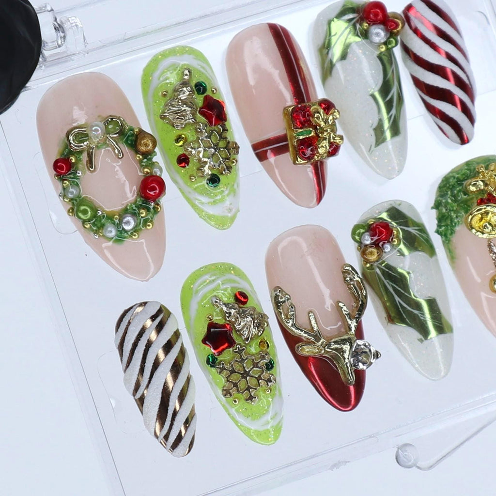 Christmas Press On Nails with 3D Wreath, Reindeer, Gift & Candy Cane | Medium Almond Fake Nails | Handmade Holiday Nail Art Set or Gifts