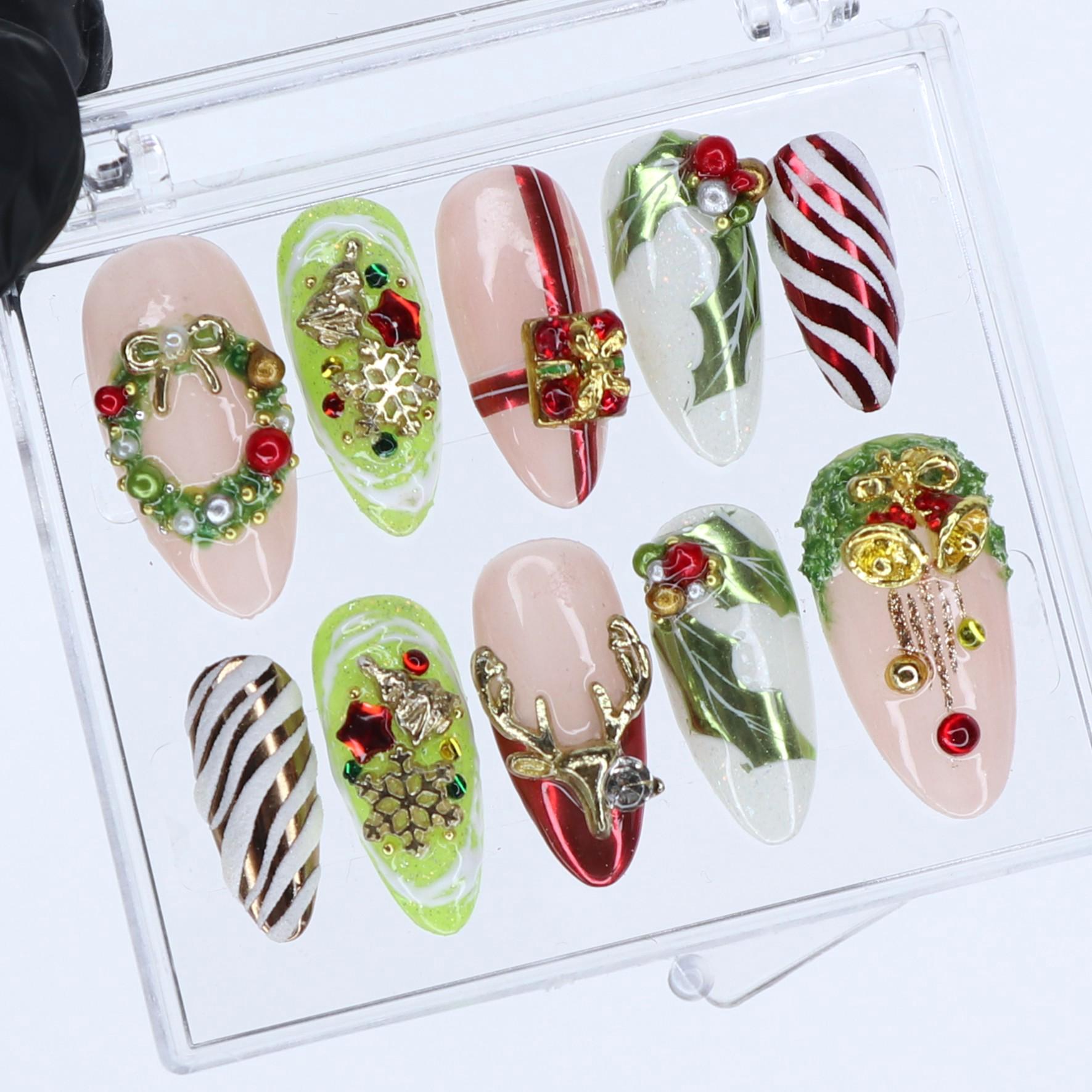 Christmas Press On Nails with 3D Wreath, Reindeer, Gift & Candy Cane | Medium Almond Fake Nails | Handmade Holiday Nail Art Set or Gifts