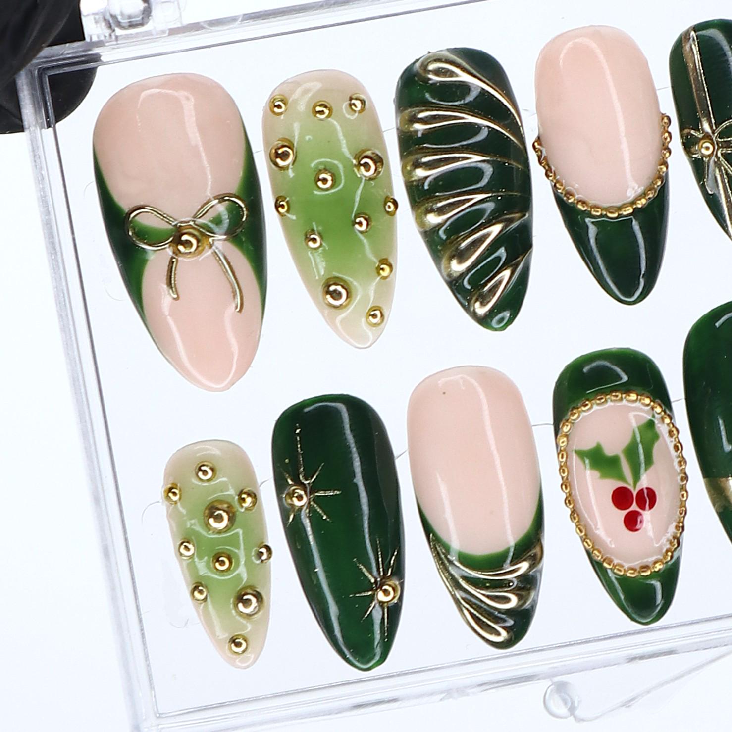 Christmas Press On Nails in Green | Bow, Holly & Ornament Design | Medium Almond Fake Nails | Handmade Holiday Nail Art Or Gift For Her
