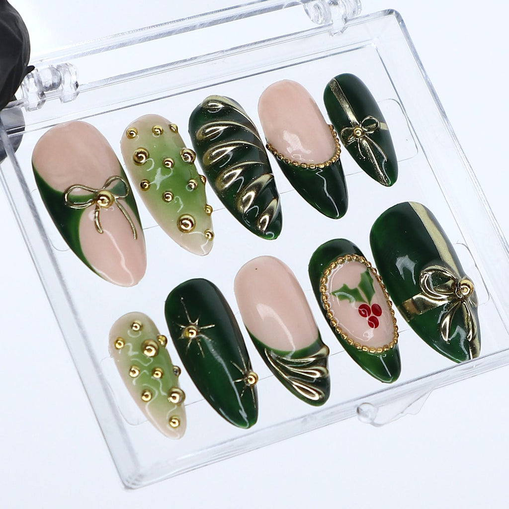 Christmas Press On Nails in Green | Bow, Holly & Ornament Design | Medium Almond Fake Nails | Handmade Holiday Nail Art Or Gift For Her