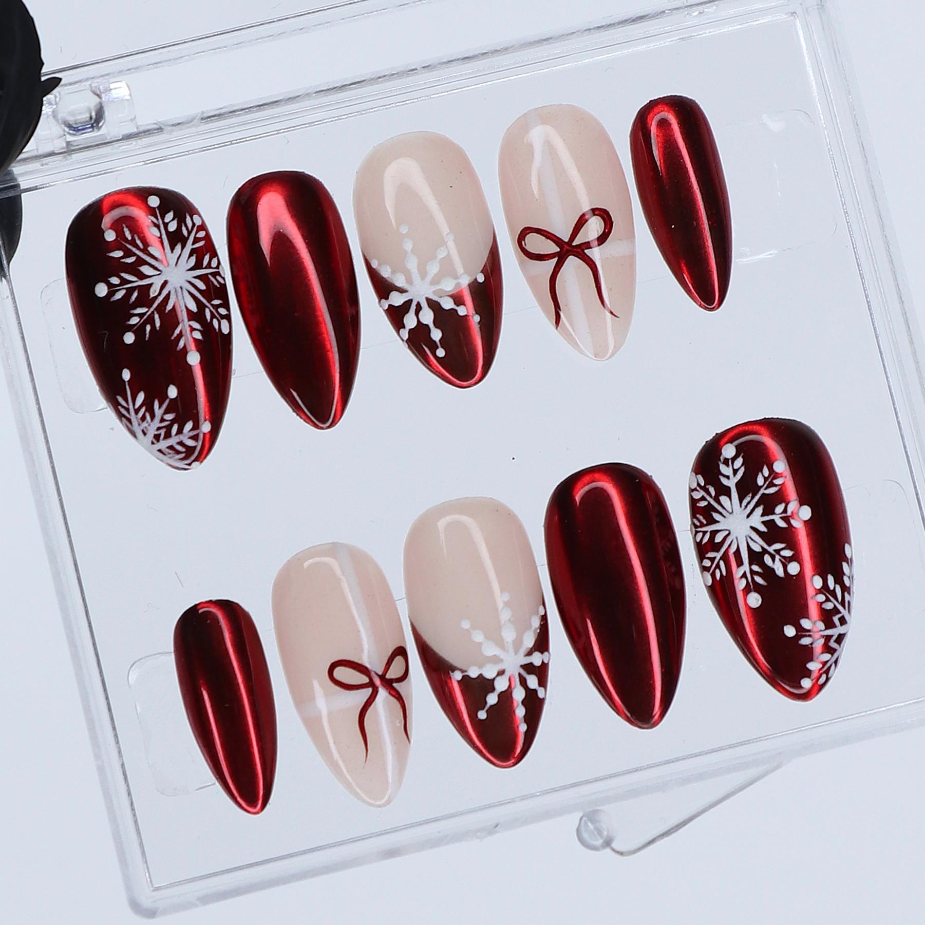 Red Chrome And Snowflake Press Ons | Medium Almond | Handmade Holiday Nail Art