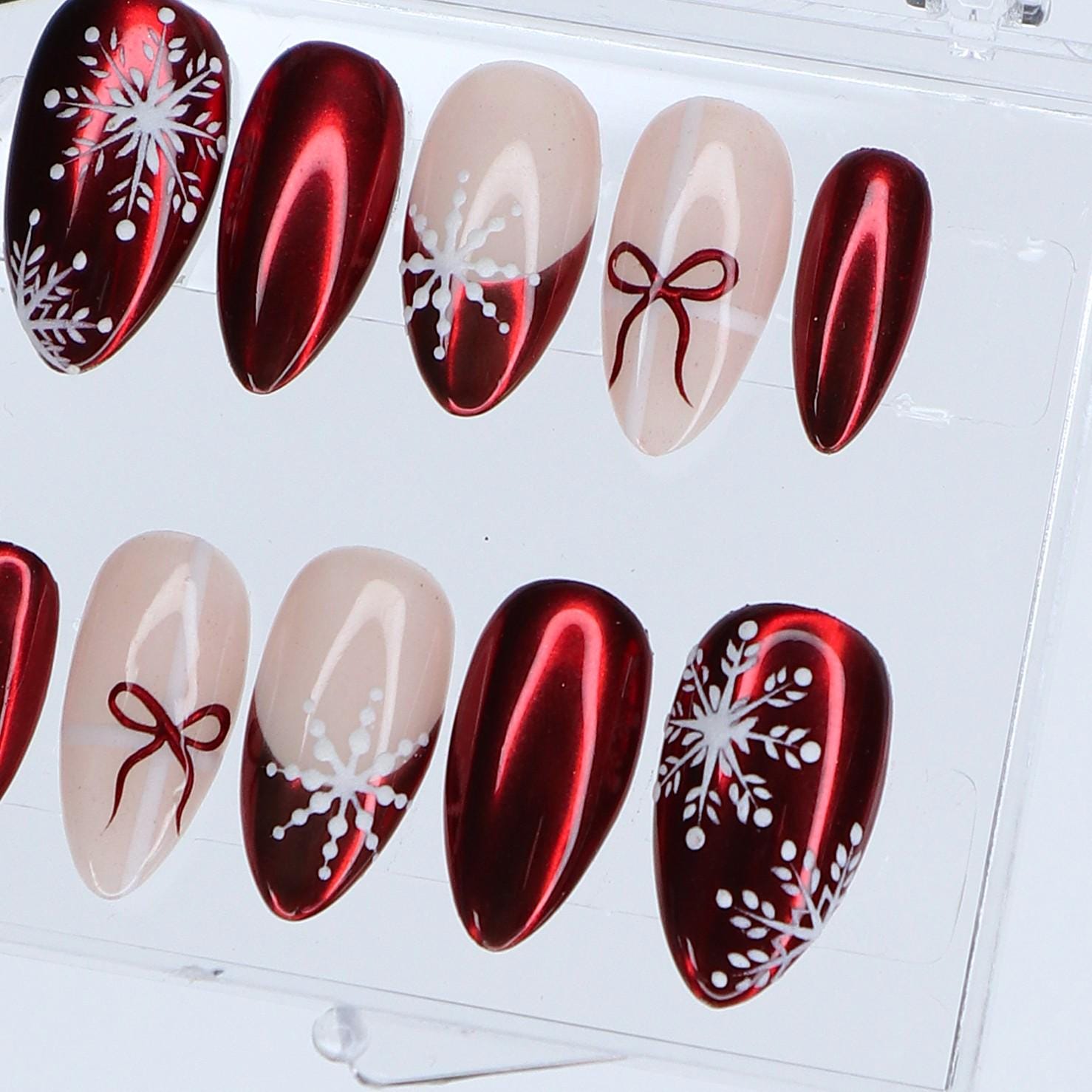 Red Chrome And Snowflake Press Ons | Medium Almond | Handmade Holiday Nail Art