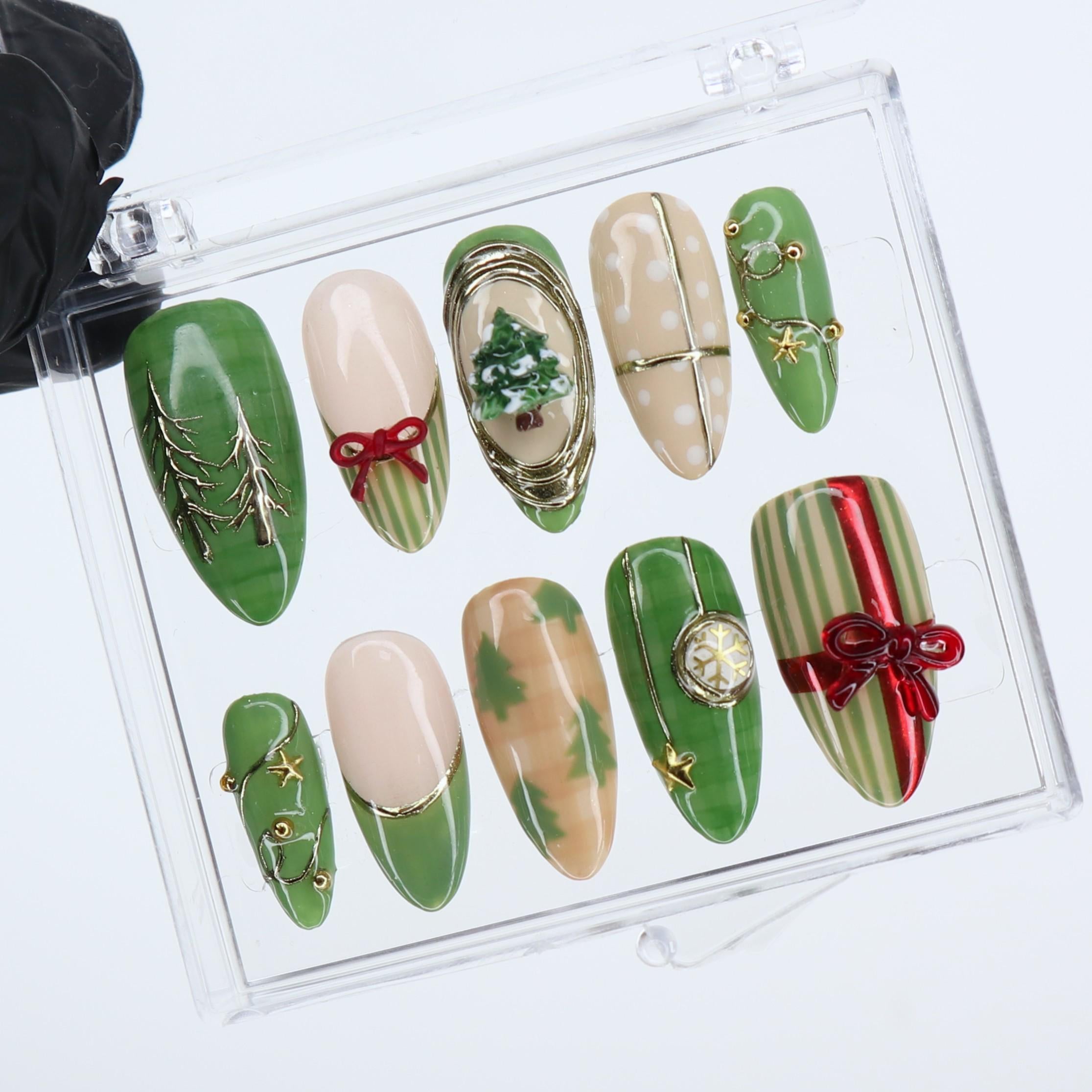 Green Christmas Press Ons | Holiday Tree & Bow Design | Medium Almond | Handmade Festive Nail Art