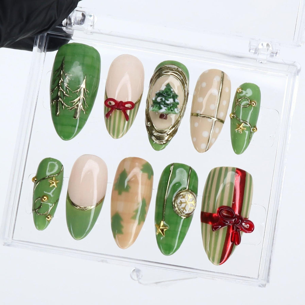 Green Christmas Press Ons | Holiday Tree & Bow Design | Medium Almond | Handmade Festive Nail Art