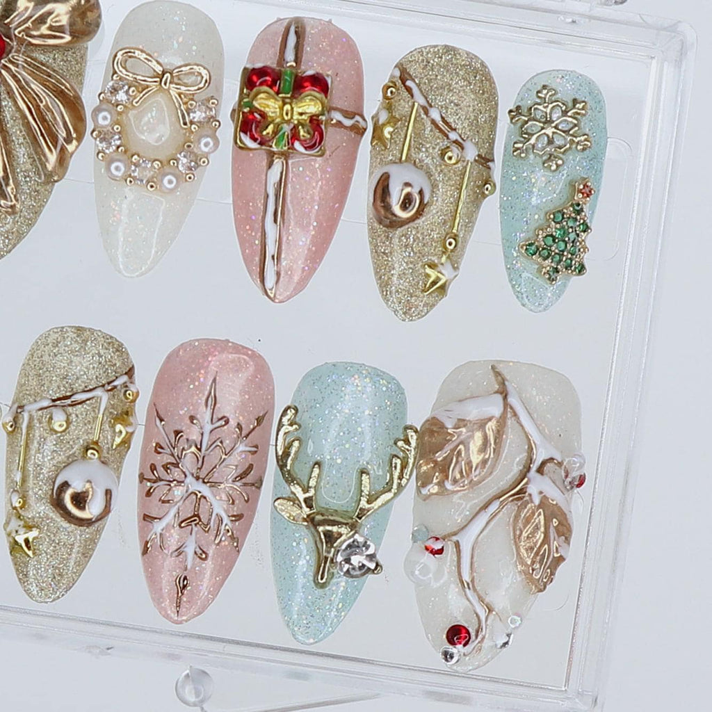 Christmas Press On Nails with 3D Bow, Gift & Snowflake Design | Medium Almond Fake Nails | Handmade Holiday Nail Set Gift for Her