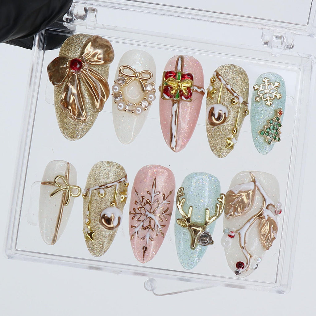 Christmas Press On Nails with 3D Bow, Gift & Snowflake Design | Medium Almond Fake Nails | Handmade Holiday Nail Set Gift for Her