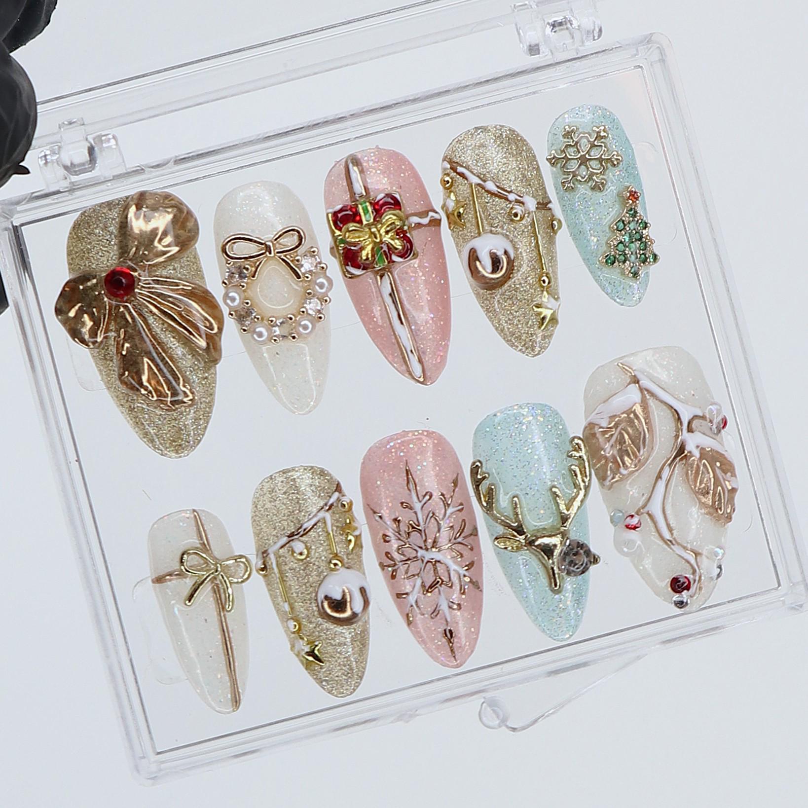 Christmas Press On Nails with 3D Bow, Gift & Snowflake Design | Medium Almond Fake Nails | Handmade Holiday Nail Set Gift for Her