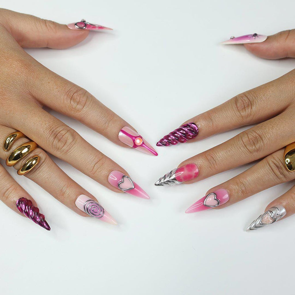 Freestyle 3D Pink & Purple Chrome Long Almond Press On Nails, Cute Valentine Fake Nails, Holiday Birthday Event Nails Art