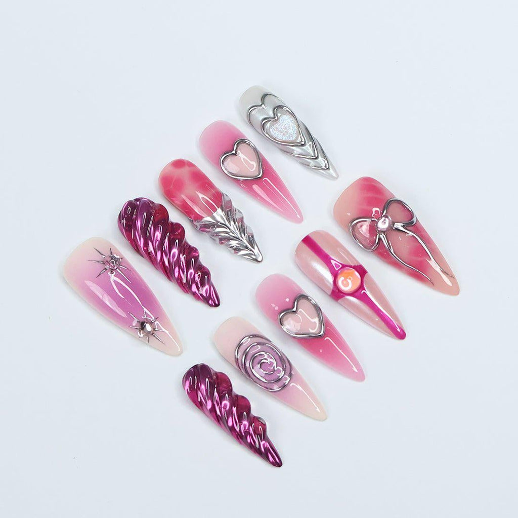 Freestyle 3D Pink & Purple Chrome Long Almond Press On Nails, Cute Valentine Fake Nails, Holiday Birthday Event Nails Art