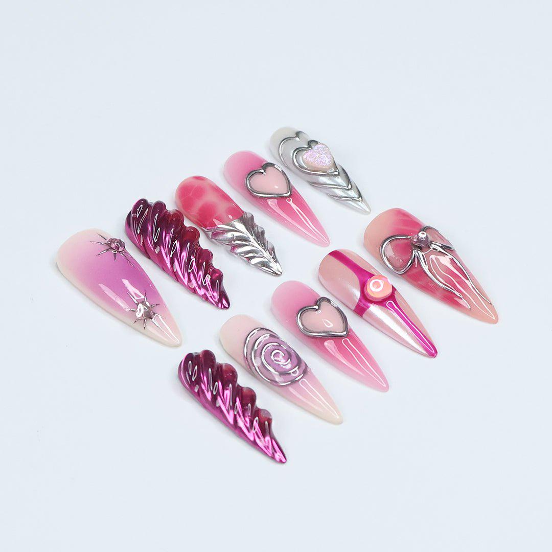 Freestyle 3D Pink & Purple Chrome Long Almond Press On Nails, Cute Valentine Fake Nails, Holiday Birthday Event Nails Art