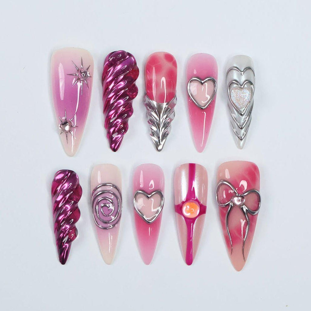 Freestyle 3D Pink & Purple Chrome Long Almond Press On Nails, Cute Valentine Fake Nails, Holiday Birthday Event Nails Art