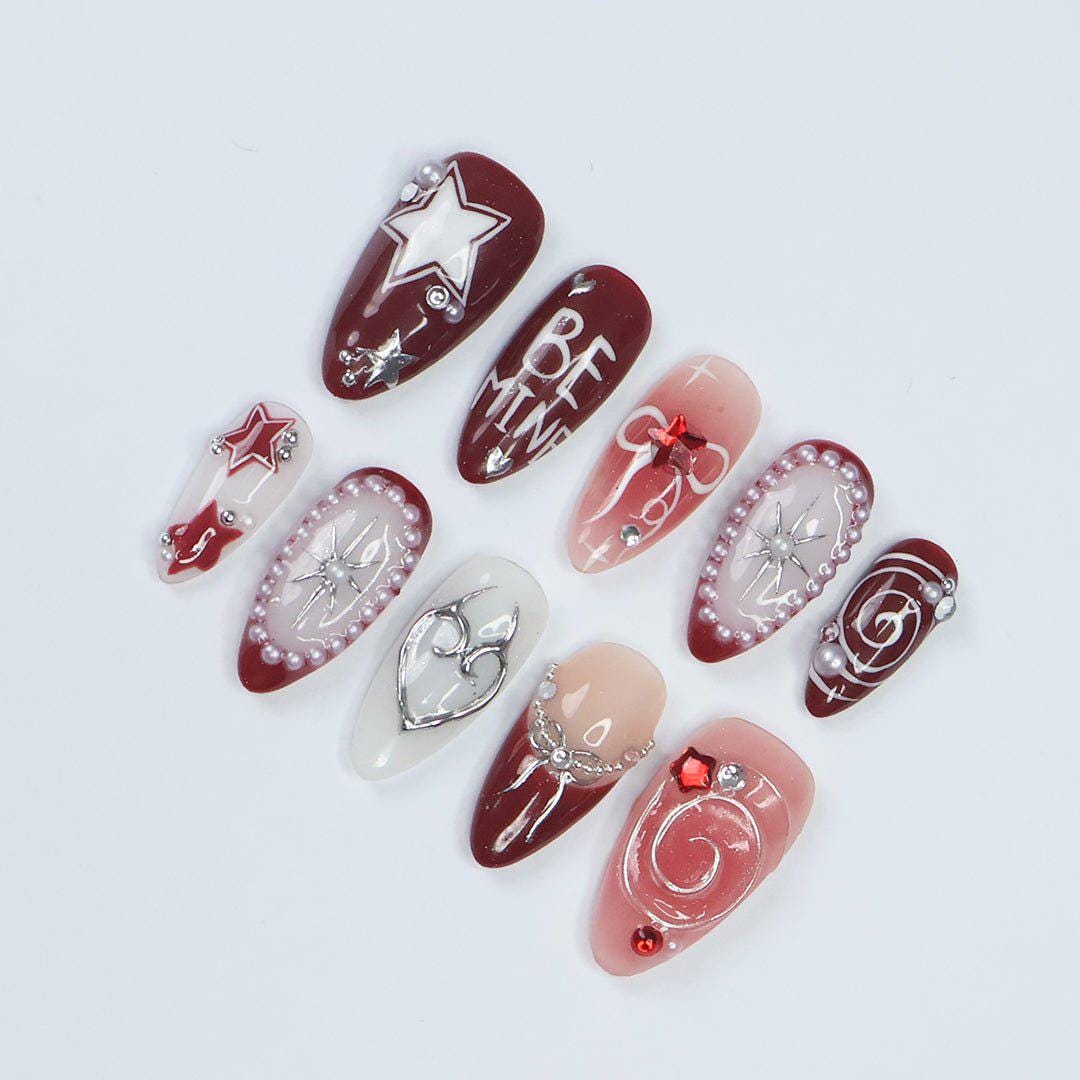 Freestyle Red Chrome Press On Nails, Air Brush Pink Fake Nails, Elegant Chrome Nails, Birthday Party Holiday Nails/ Valentine Nail Set