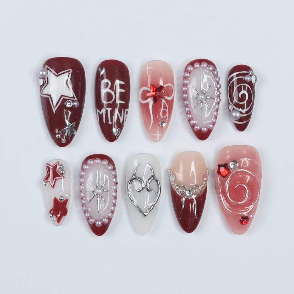 Freestyle Red Chrome Press On Nails, Air Brush Pink Fake Nails, Elegant Chrome Nails, Birthday Party Holiday Nails/ Valentine Nail Set