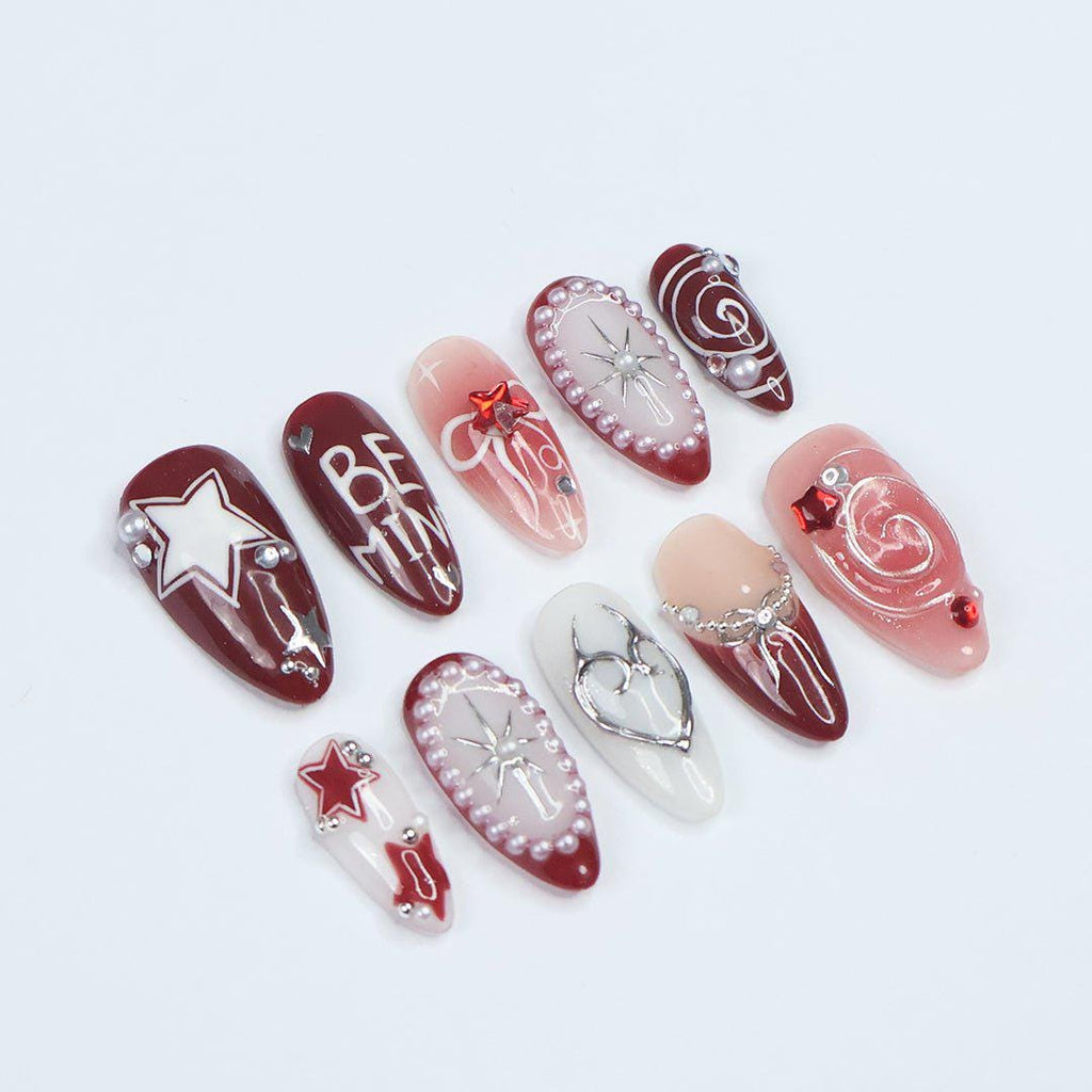 Freestyle Red Chrome Press On Nails, Air Brush Pink Fake Nails, Elegant Chrome Nails, Birthday Party Holiday Nails/ Valentine Nail Set
