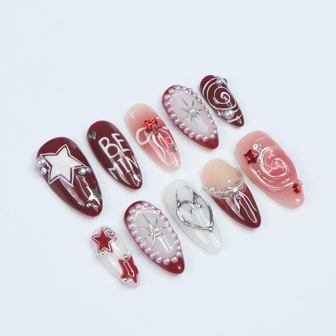 Freestyle Red Chrome Press On Nails, Air Brush Pink Fake Nails, Elegant Chrome Nails, Birthday Party Holiday Nails/ Valentine Nail Set