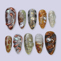 Press On Nails Galaxy Amber with Metallic Swirl Art | 3D Fake Nails in Medium Almond | Handmade Luxury Nail Art for Holiday, Vacation, Gift