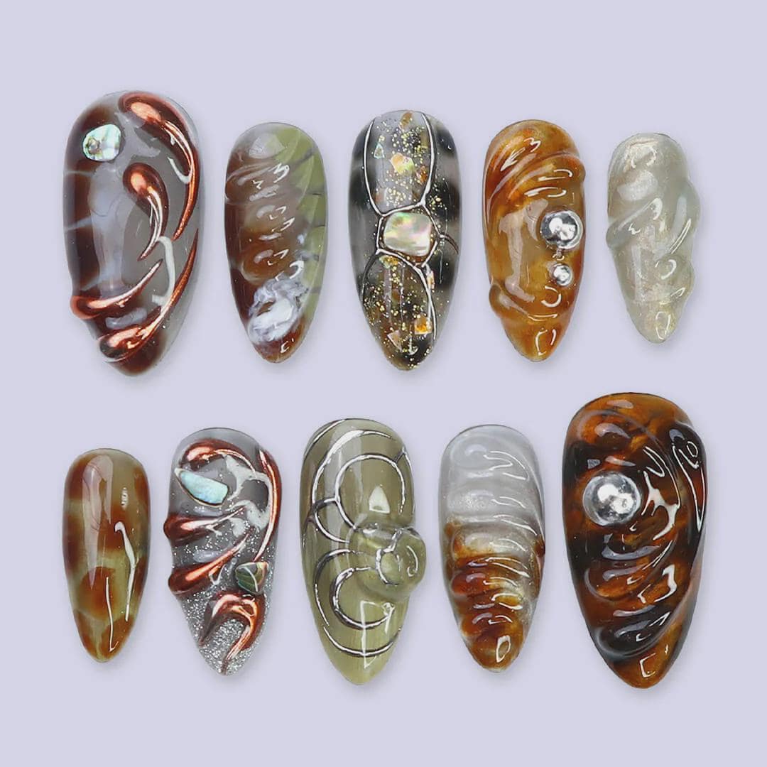 Press On Nails Galaxy Amber with Metallic Swirl Art | 3D Fake Nails in Medium Almond | Handmade Luxury Nail Art for Holiday, Vacation, Gift