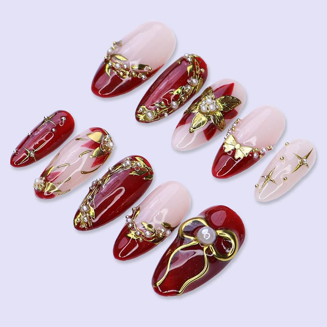 Christmas Press On Nails with Gold & Red Poinsettia | Medium Almond | Holiday Nail Art