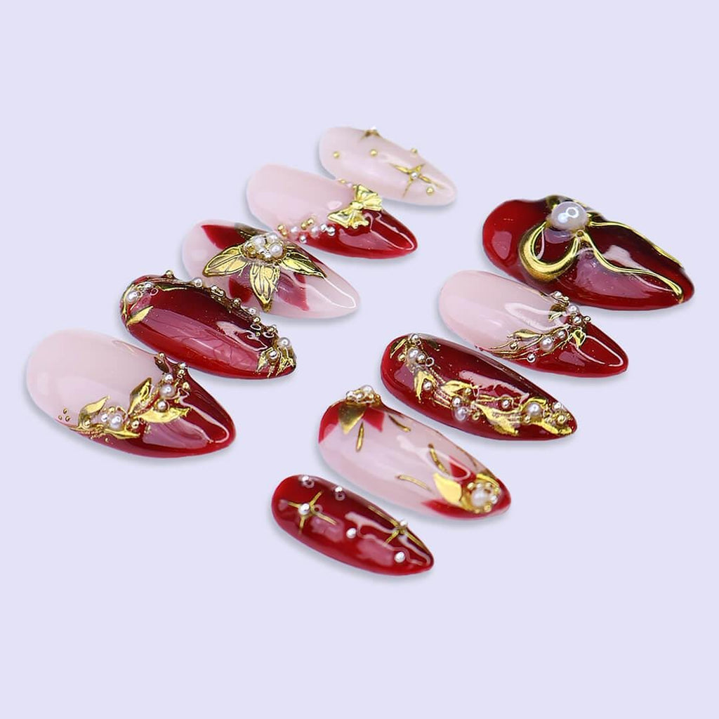 Christmas Press On Nails with Gold & Red Poinsettia | Medium Almond | Holiday Nail Art